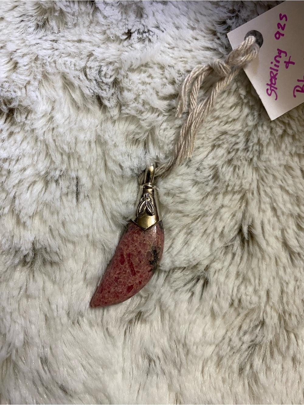Pink Rhodonite Stone Pendant Necklace with Silver Cap